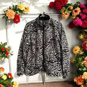 Three Hearts Zebra Animal Print Jacket Zip Up Womens Large Black & White Pockets